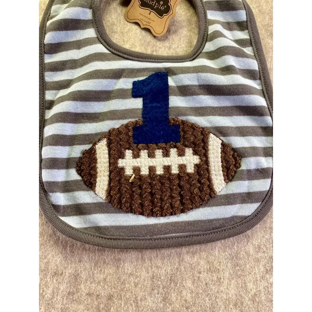 Mud Pie Blue and Gray Striped Football Themed Baby Bib